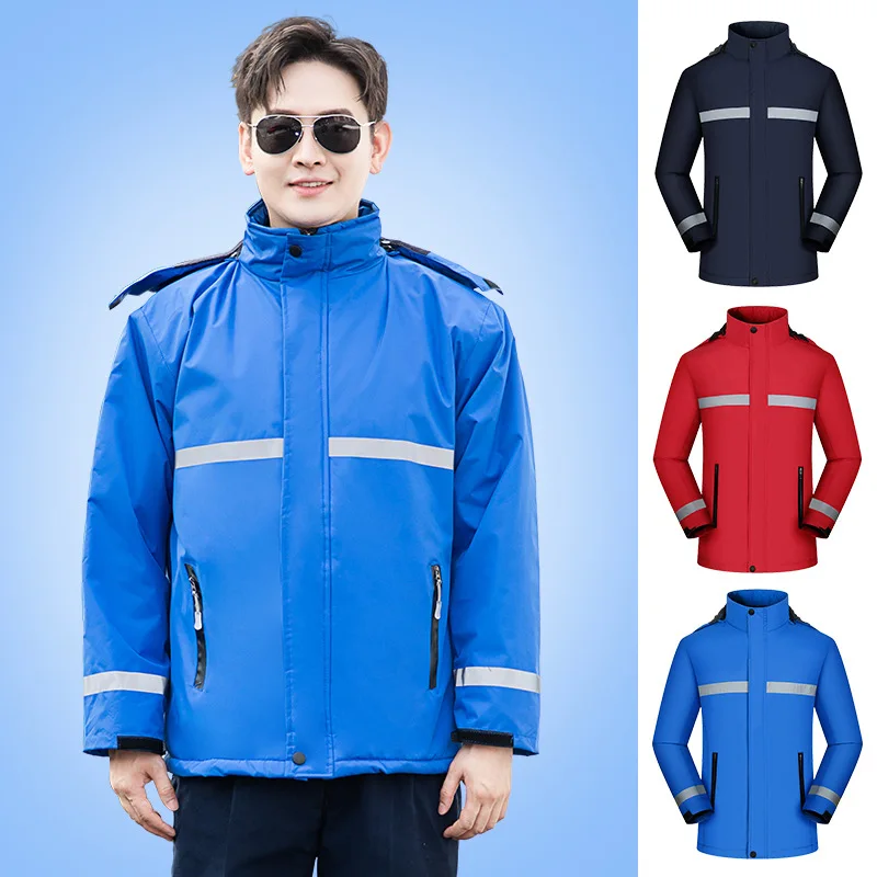 Reflective Strip Wind Proof Jacket Coat Men Women Waterproof Outwear Warm Thermal Fleece Hooded Jacket Work Clothing Tops Blouse