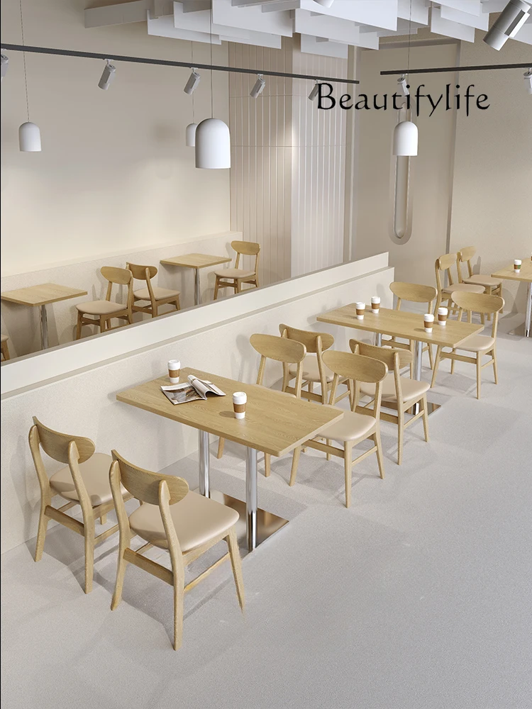 Japanese Cream Style Catering Milk Tea Snack Shop Solid Wood Table Chair Combination Coffee Shop Wall Deck