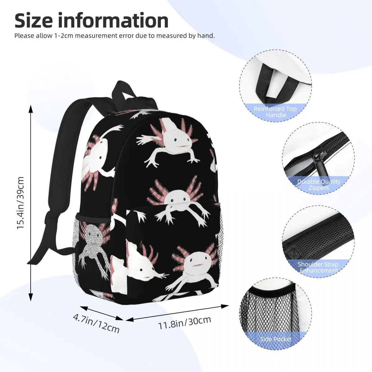 Axolotls-mochila escolar para adolescentes, bolso de hombro de gran capacidad, a la moda, para estudiantes