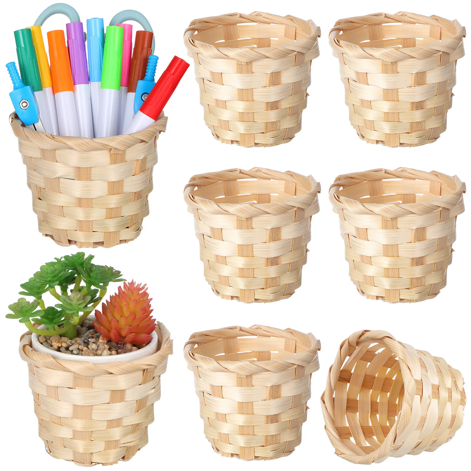 

6pcs Mini Bamboo Woven Basket Small Storage Baskets For Organizing Sundries Stationery Kitchen Fruit Flower Holder Decorative
