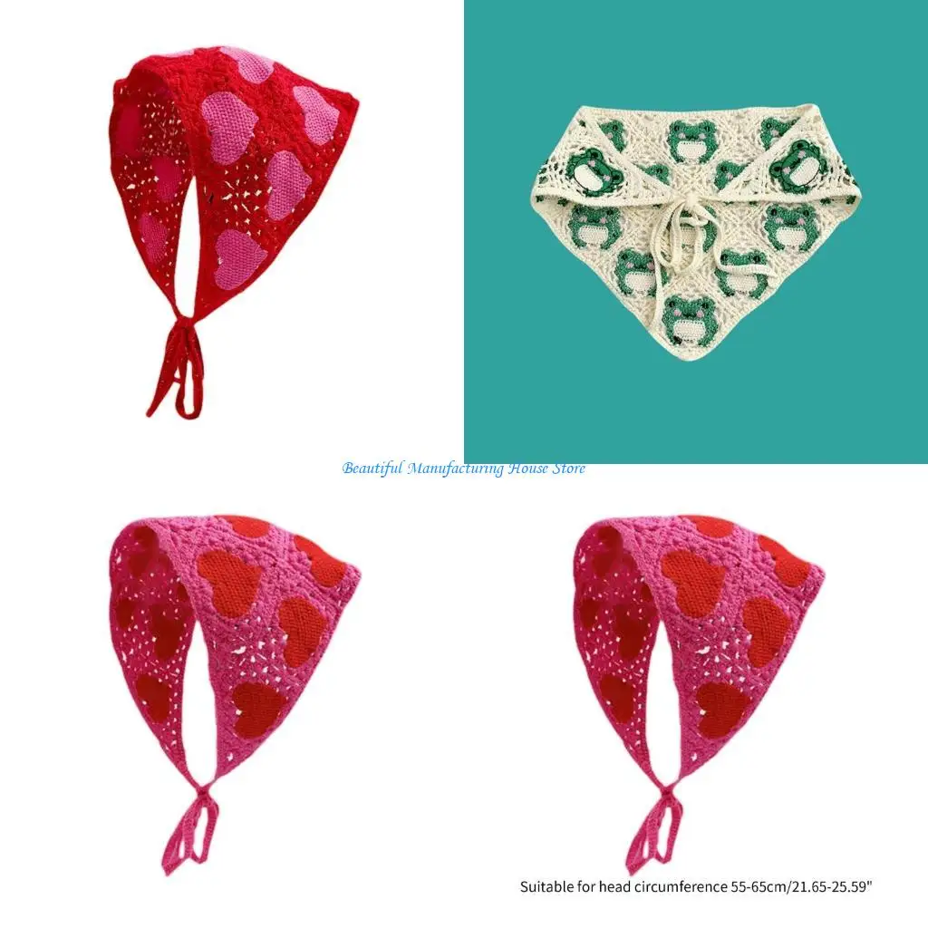 

E56A Delicate Heart Pattern Crochet Turban Hot Girl Hair Scarf Knitted Headband for Women Photo Hair Accessory