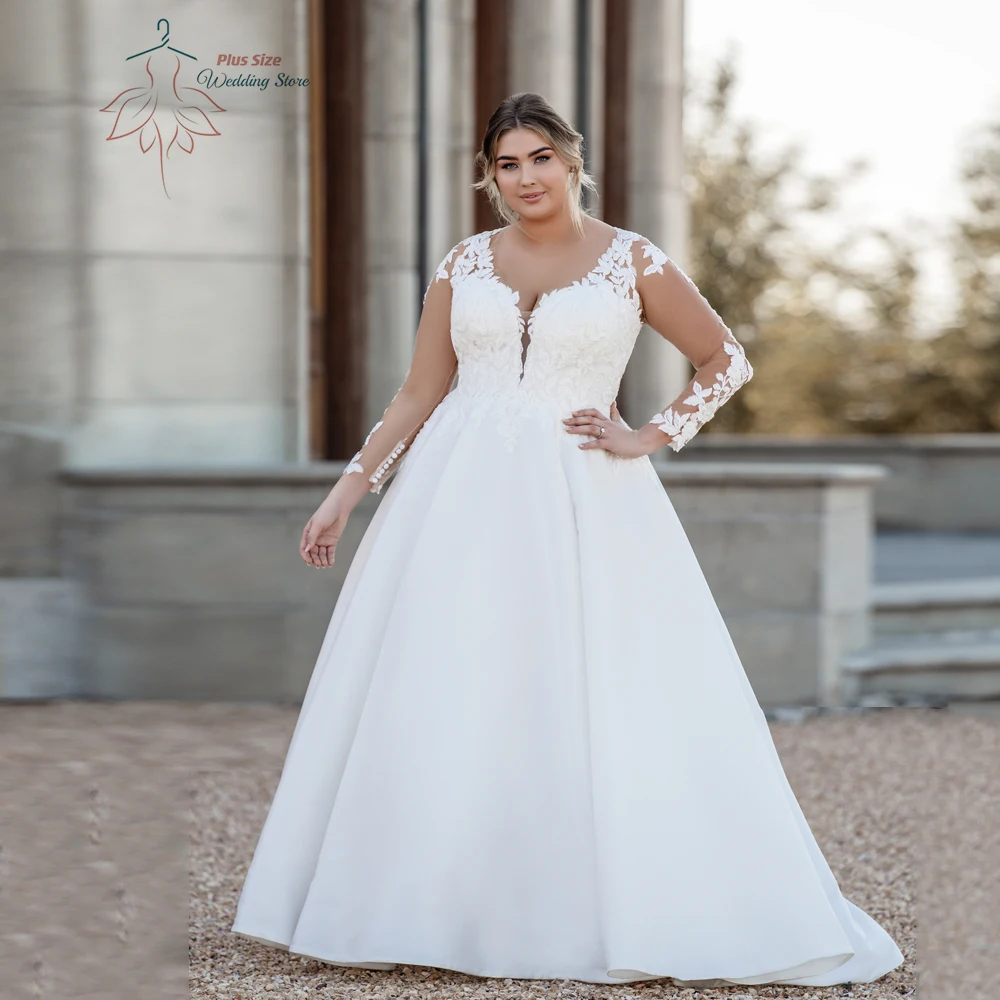 Robe de Mariée Trapèze en Satin, Classique, Grande Taille, Col en V, Manches sulf, avec lèvent au Dos, Longueur au Sol