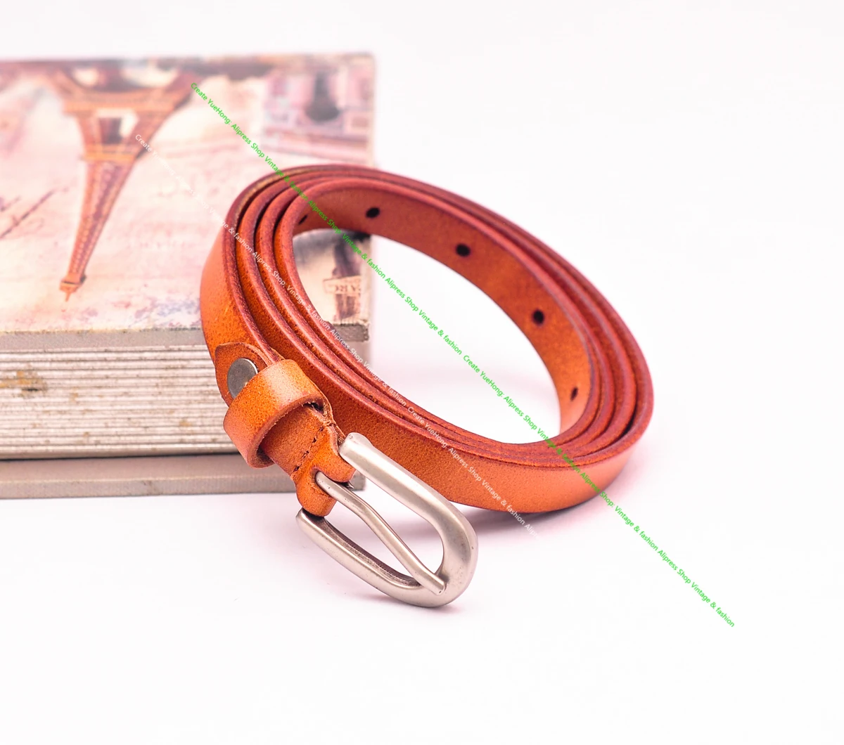 Alloy PIn Buckle Women Belt Orange Genuine Cowhide Leather Female Waist Belt Simple Thin Waistband for Dress Coat