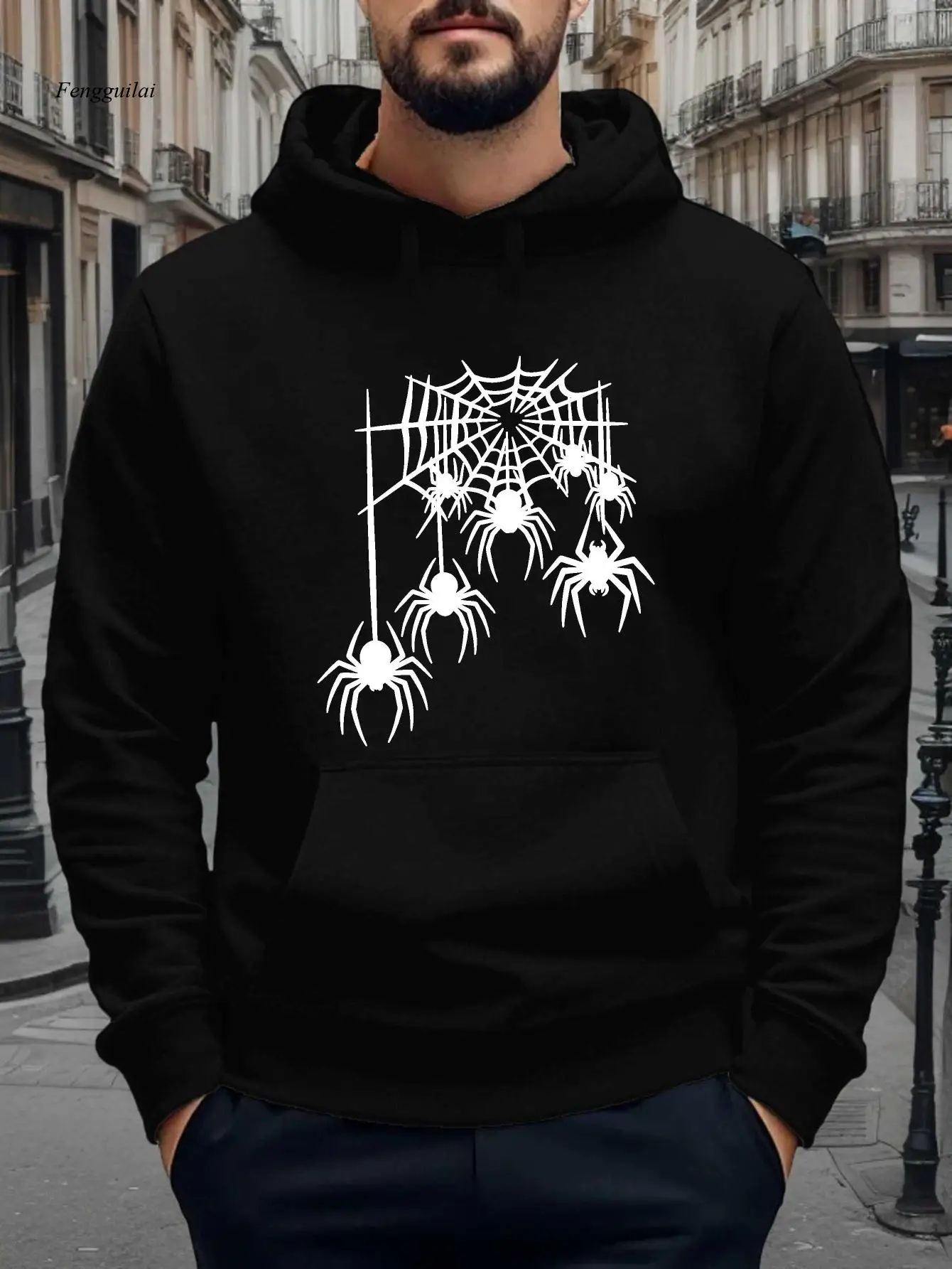 Sudadera con capucha de forro polar con estampado de telaraña gótica y murciélago - Beige con diseño de araña negra, acogedor jersey de forro polar