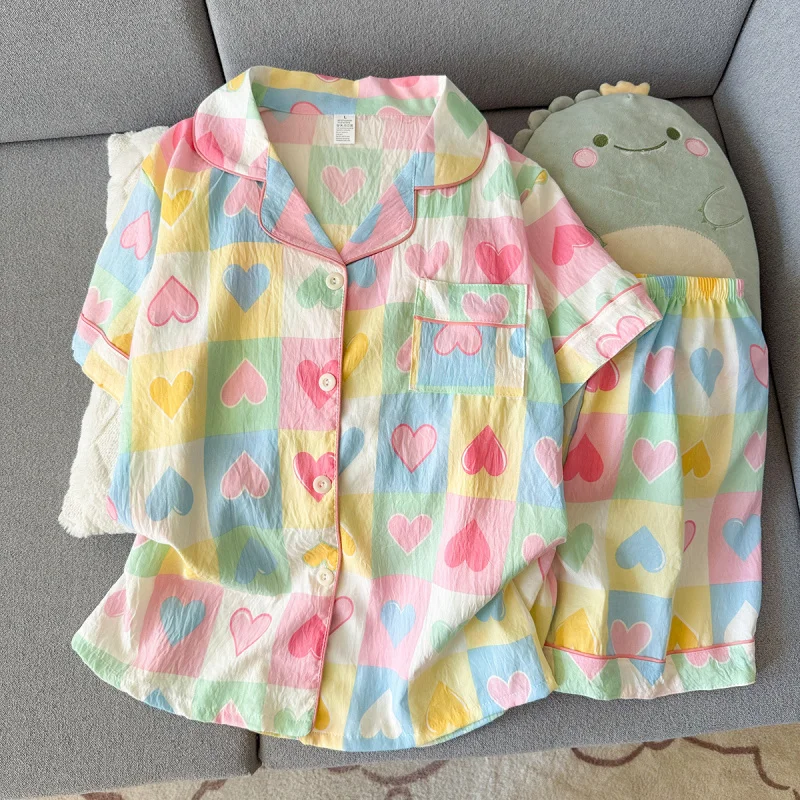 

2Summer short-sleeve pajama set for women, comfortable and trendy, shorts can be worn outside, home wear set