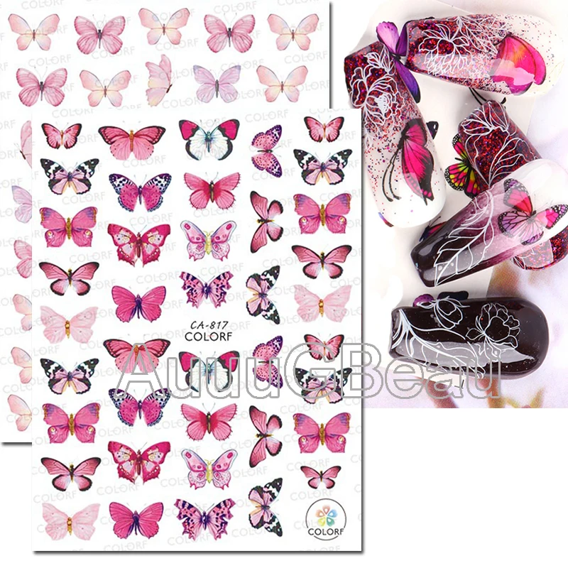 Nail Art Decals Black Pink Purple Butterflys Back Glue Nail Stickers Decoration For Nail Tips Beauty