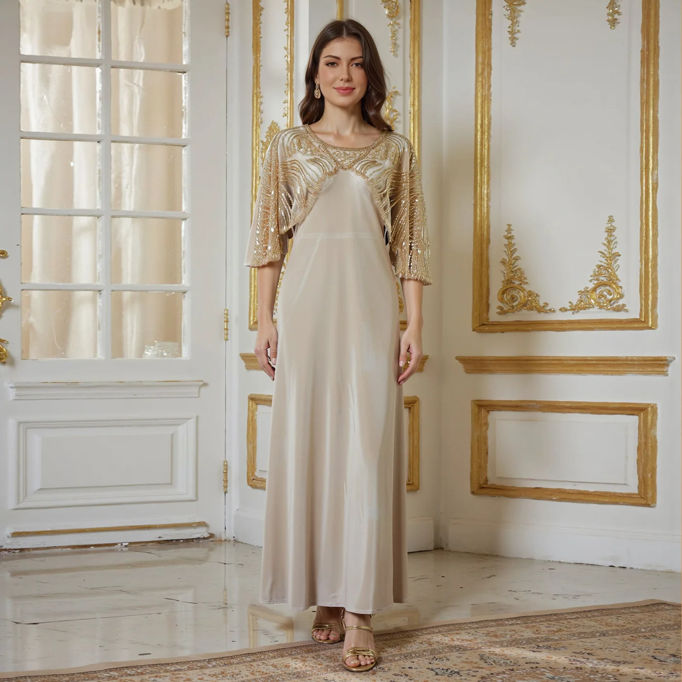 

Американский Европейский Мусульманский 2025 Новая мода женская абрикосовая повседневная модная элегантная шаль с блестками, церемониальные платья, женская одежда