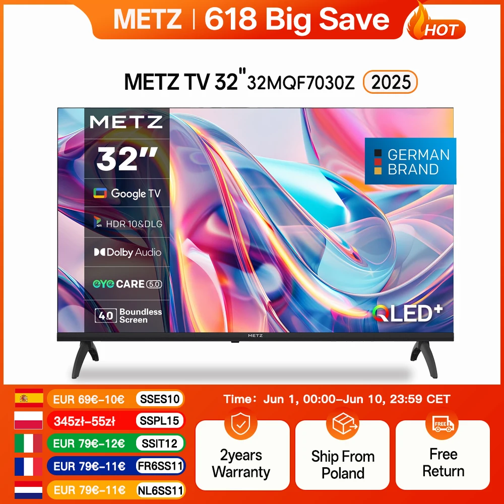 Téléviseur QLED Metz 32 "40" pouces Smart LED Google Tele HDR 10 Dolby Audio Bluetooth 5.1 EyeCare Tuner 2025 32 MQF7030Z