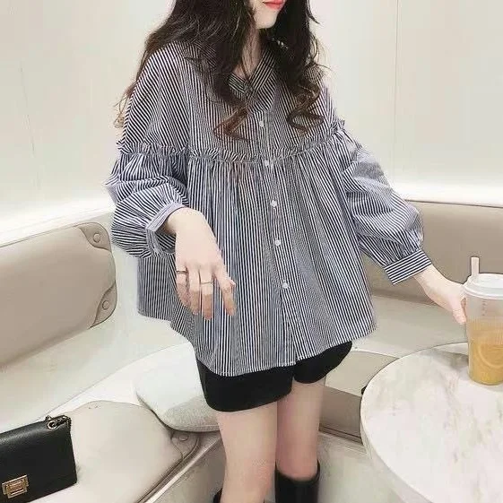 

Новая женская летняя блузка из чистого хлопка в полоску, на пуговицах, с длинным рукавом, круглым вырезом, дышащая, для повседневной носки