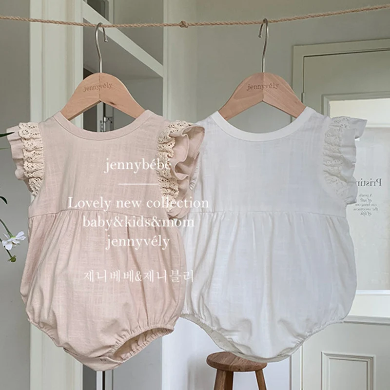 

2024 New Summer 0-24M Children Clothes Toddler Baby Girls Jumpsuit Flying Sleeve Cotton Lace Splicing Infant Baby Girls Bodysuit