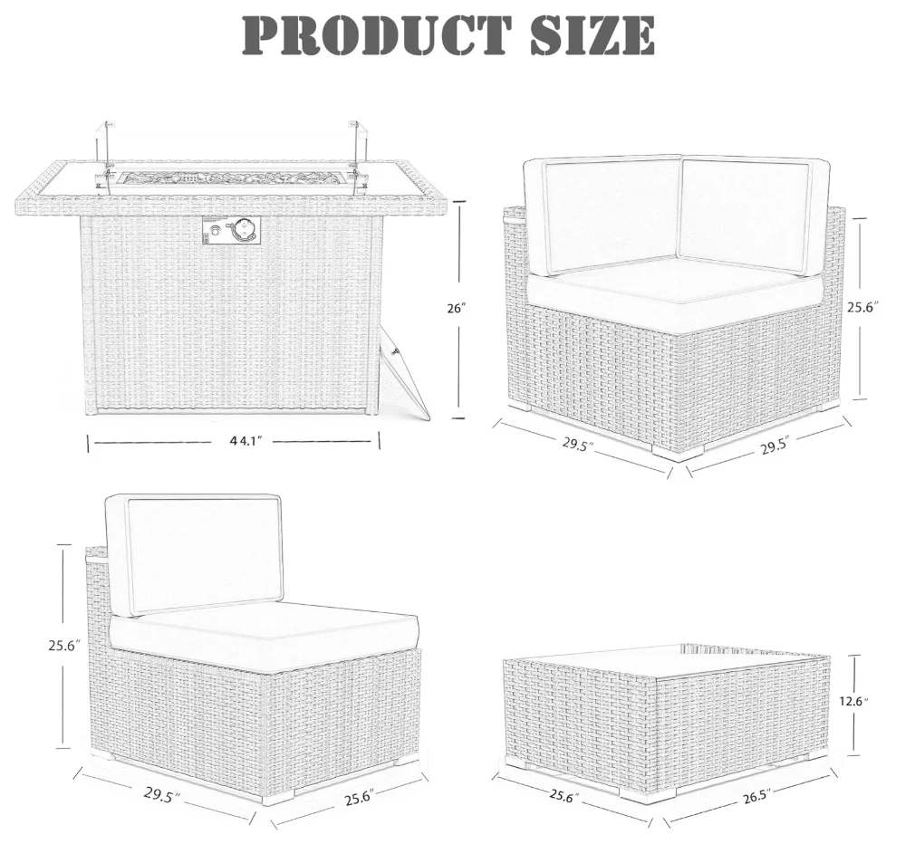 طقم أثاث فناء مكون من 8 قطع مع طاولة حفرة نار من غاز البروبان مقاس 44 بوصة، أطقم أرائك للمحادثة من الخيزران مقطعية للاستخدام الخارجي مع قهوة Ta #2