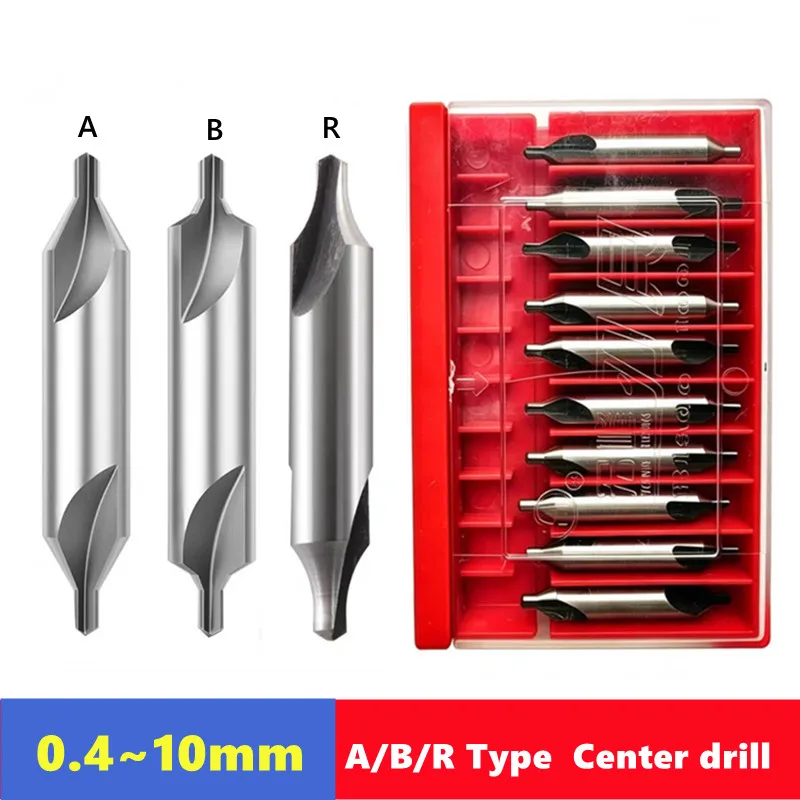 10pcs 60 ° 90 ° A-type/B-type/R-type center drill 0.4-10mm, used for metal processing chamfering positioning CNC lathe drill bit