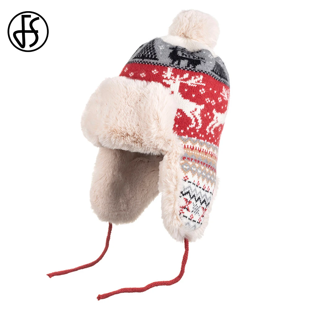 FS Red Orange Knitted Bomber Hat For Men Warm Plush Women Winter Beanies Cap Outdoor Windproof Russian Hats With Earflaps 2026