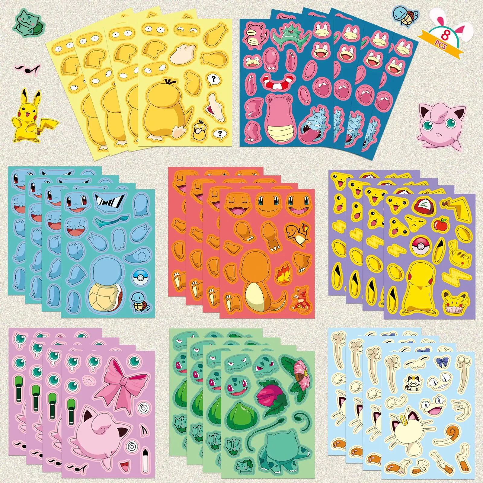 8/16Sheets Cute Pokemon Anime Puzzle Stickers DIY Make-a-Face Assemble Funny Cartoon Decal Jigsaw Fun for Children Kid Toy Gift