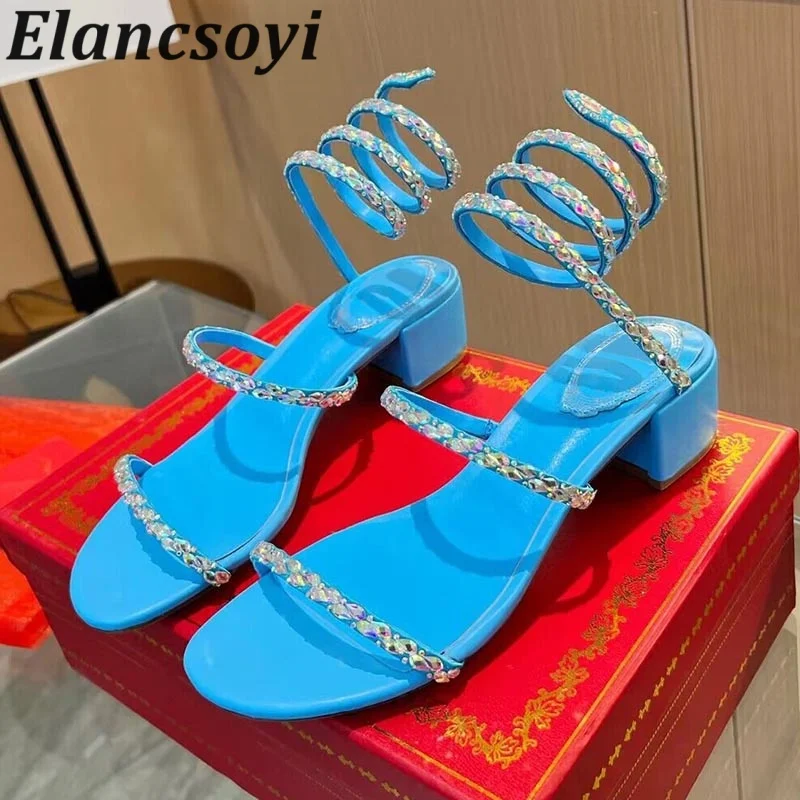 Sandals Women Shiny Rhinestone Ankle Snake Shaped Winding Sexy High Heels Fairy Shoes Summer Chunky Heels Gladiator Sandalias