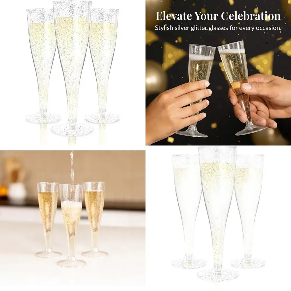 

200 Pack Disposable Silver Glitter Champagne Flutes for Celebrations, Weddings, and New Year's Eve - 4.5 Oz Plastic Party Glasse