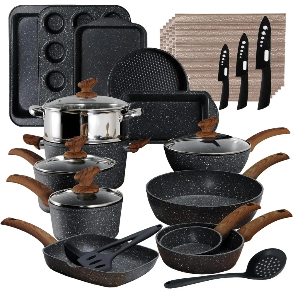 

Kitchen Induction Cookware & Bakeware Set - 30 Piece Black Granite Cooking Pans Set, Non-Stick Pots and Pans Set