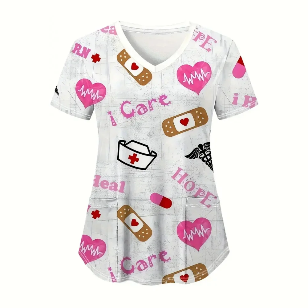 

Clinical Uniform Woman Designer Cartoon Printing V-Neck Dental Scrubs Woman Summer Short Sleeves with Pockets Surgical Uniforms