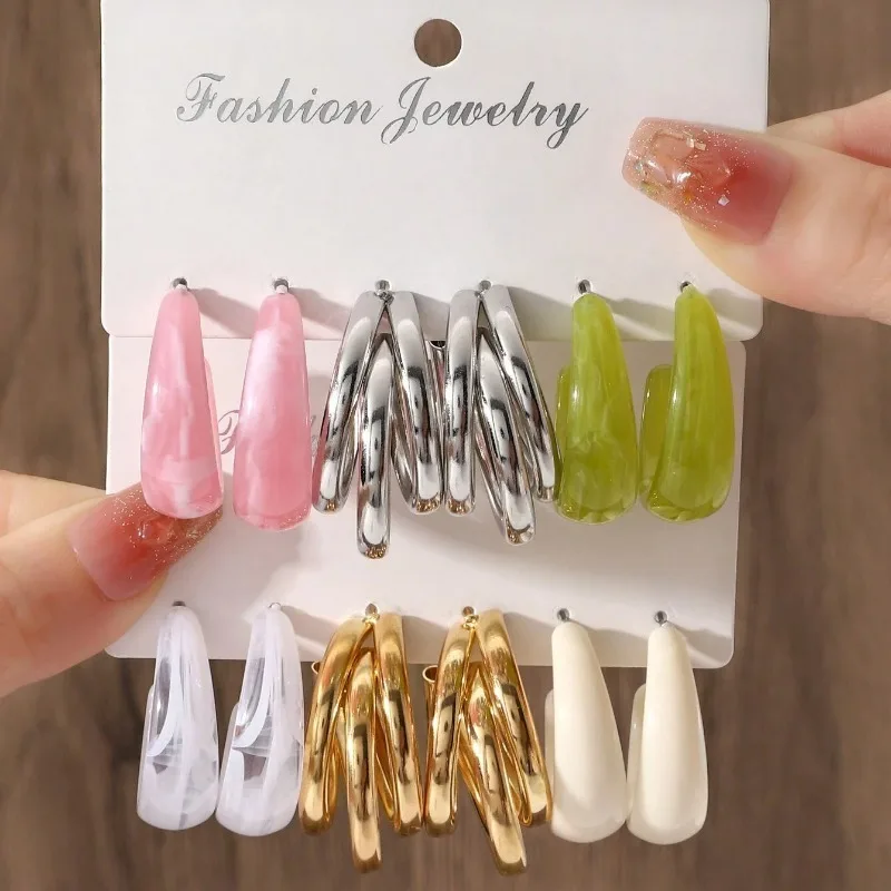 

6-pack Instagram Style Fashion Orange Fruit Green Acetate Earring Set Geometric Earring Set