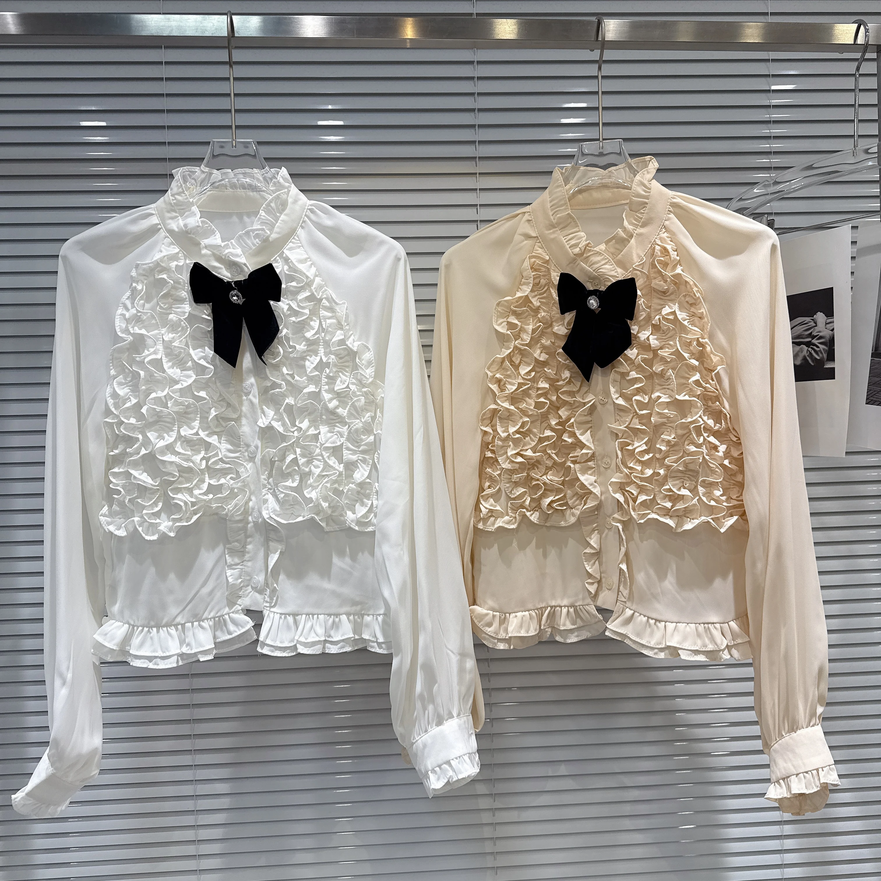 

Gagarich 2025 Sweet Blouse Autumn New Style French Sweet Wind Folded Lotus Leaf Edge Bow Long Sleeve Women Shirt Top