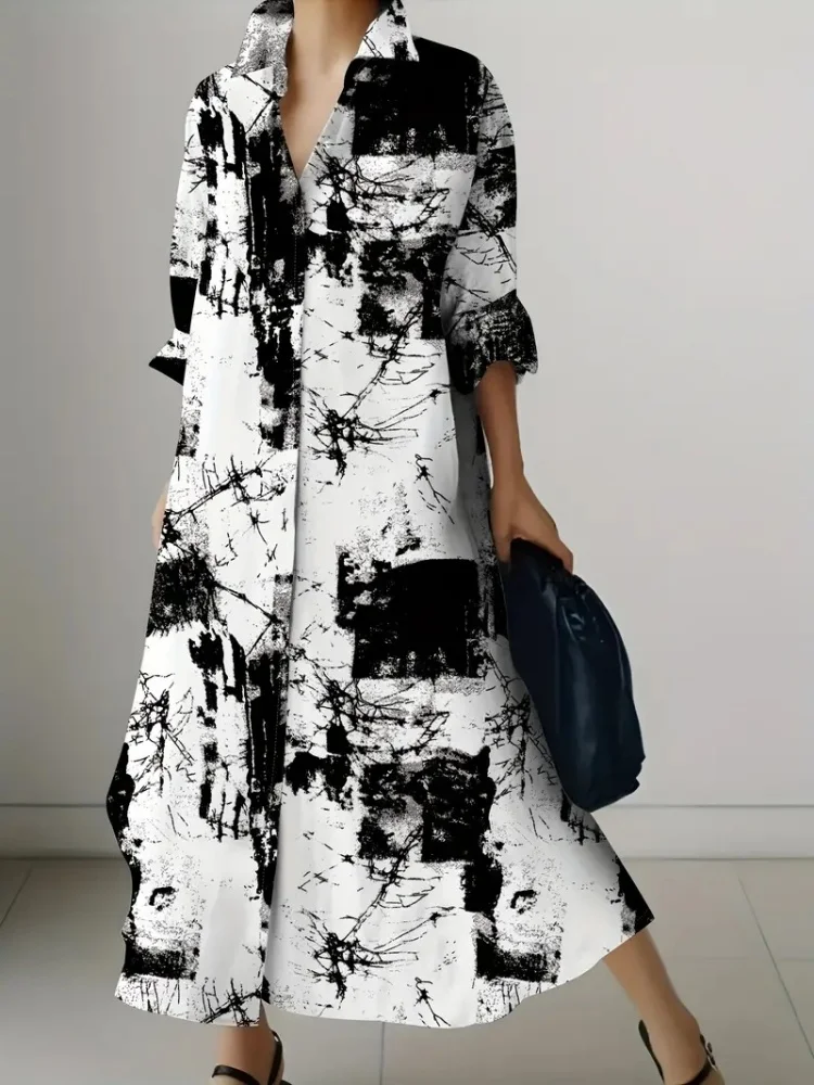 

Geometric Allover Print Button Front Shirt Dress Elegant Long Sleeve Collared Loose Maxi Dress Women's Clothing