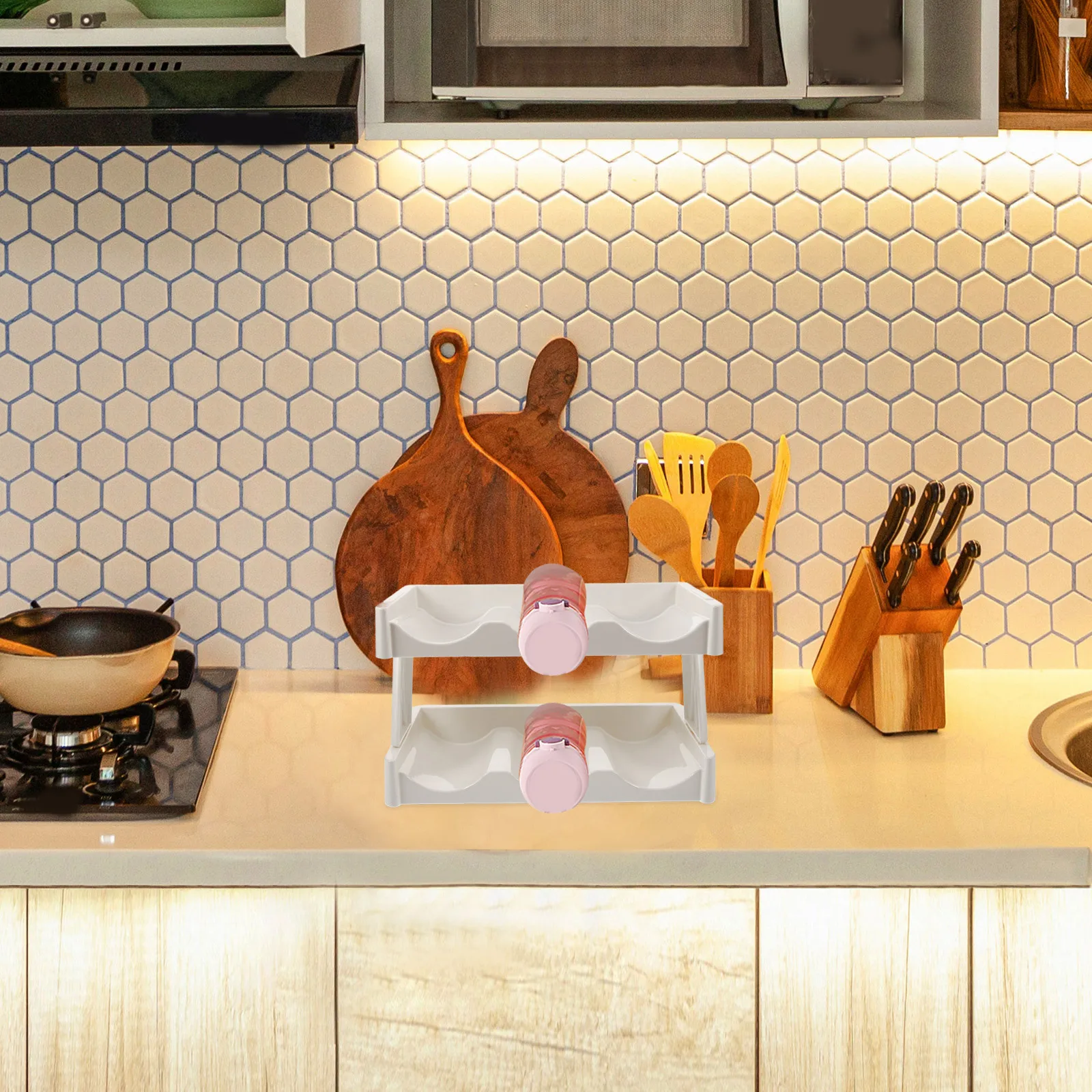 

Two-Tier Kitchen Organizer Cup and Bottle Holder Elegant Design for Countertop and Cabinet Storage Kitchen Countertop Organizer