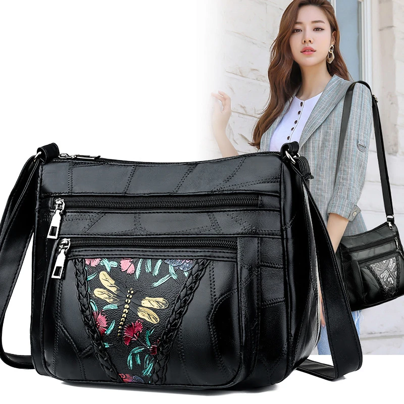 Luxury Soft Leather Women Messenger Shoulder Handbags And Purses Flowers Multi-pocket Crossbody Mommy Bag Ladies Sac