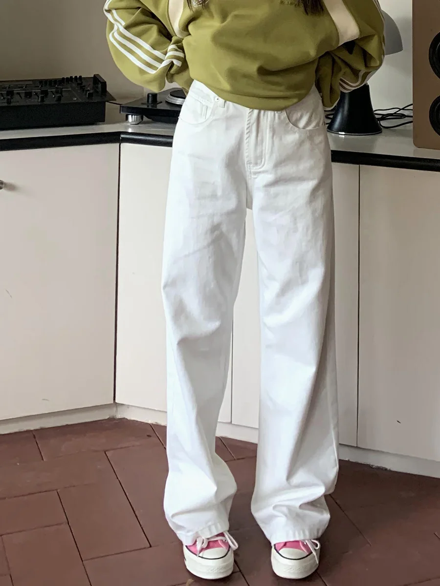 

White Vintage High Waist Straight Leg Jeans Women's Spring Sle Loose Fit Floor-Length Wide Leg Pants Orange Tree Where