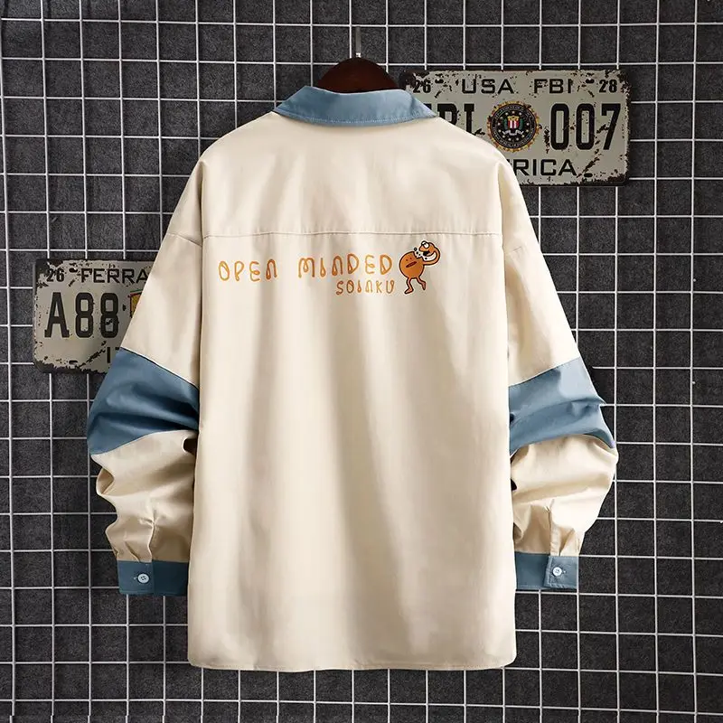 2025 Long Sleeved Patchwork Shirt Men Youthful Vitality Japanese Style Loose Outerwear Shirt Male Young Couple Casual Shirt Man