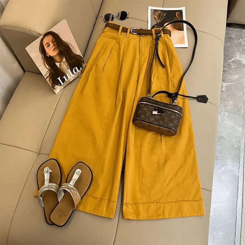 

Женские модные повседневные брюки с высокой талией, облегающие, с отворотами, тонкие, длинные, широкие штанины, новинка 2025 года, в стиле ретро