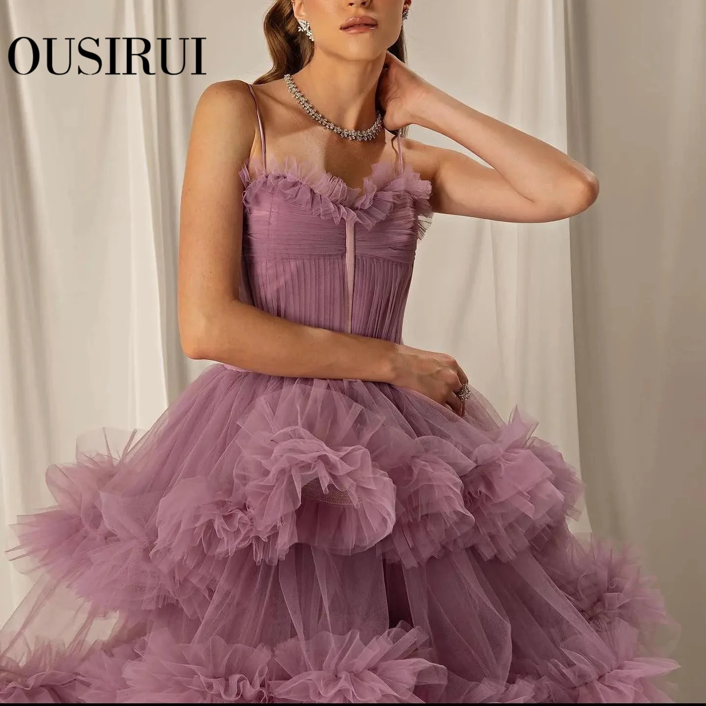 OUSIRUI Burgundy Tulle Tiered Ruffles Evening Dresses with Gloves Pink Spaghetti Straps Wedding Party Gowns فساتين سهره