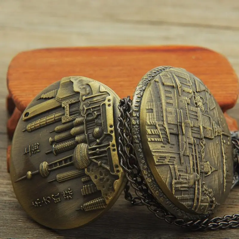 النمط الصيني البرونزية الكبيرة الرقمية شنغهاي الشرقية لؤلؤة ساعة الجيب السفر تذكارية الطراز القديم ساعة الجيب ساعة كوارتز