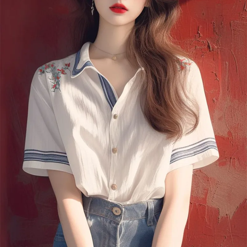 

Summer New Embroidered Flowers Striped Turn-Down Collar Short Sleeve Casual Women's Wear High Quality Single Breasted Shirt
