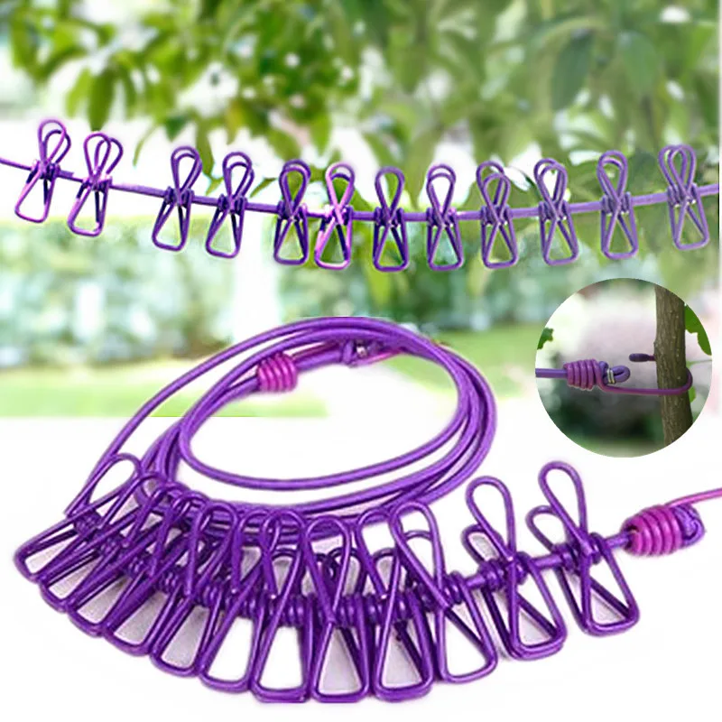 Travel Portable Elastic Windproof Clothes Drying Rope With 12 Clips Camping Supplies Outdoor Survival Accessories Essentials