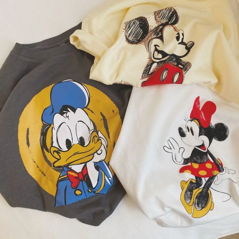 Disney Mickey Mouse Minnie bawełniana letnia dziecięca koszulka z krótkim rękawem dla mężczyzn i kobiet kaczor Donald Cartoon Casual modny Top