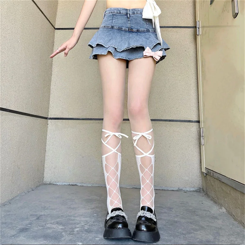 Women Sexy Bandage Cross Ribbon Hollow Stockings Anti-Snagging Party Fish Net Stockings