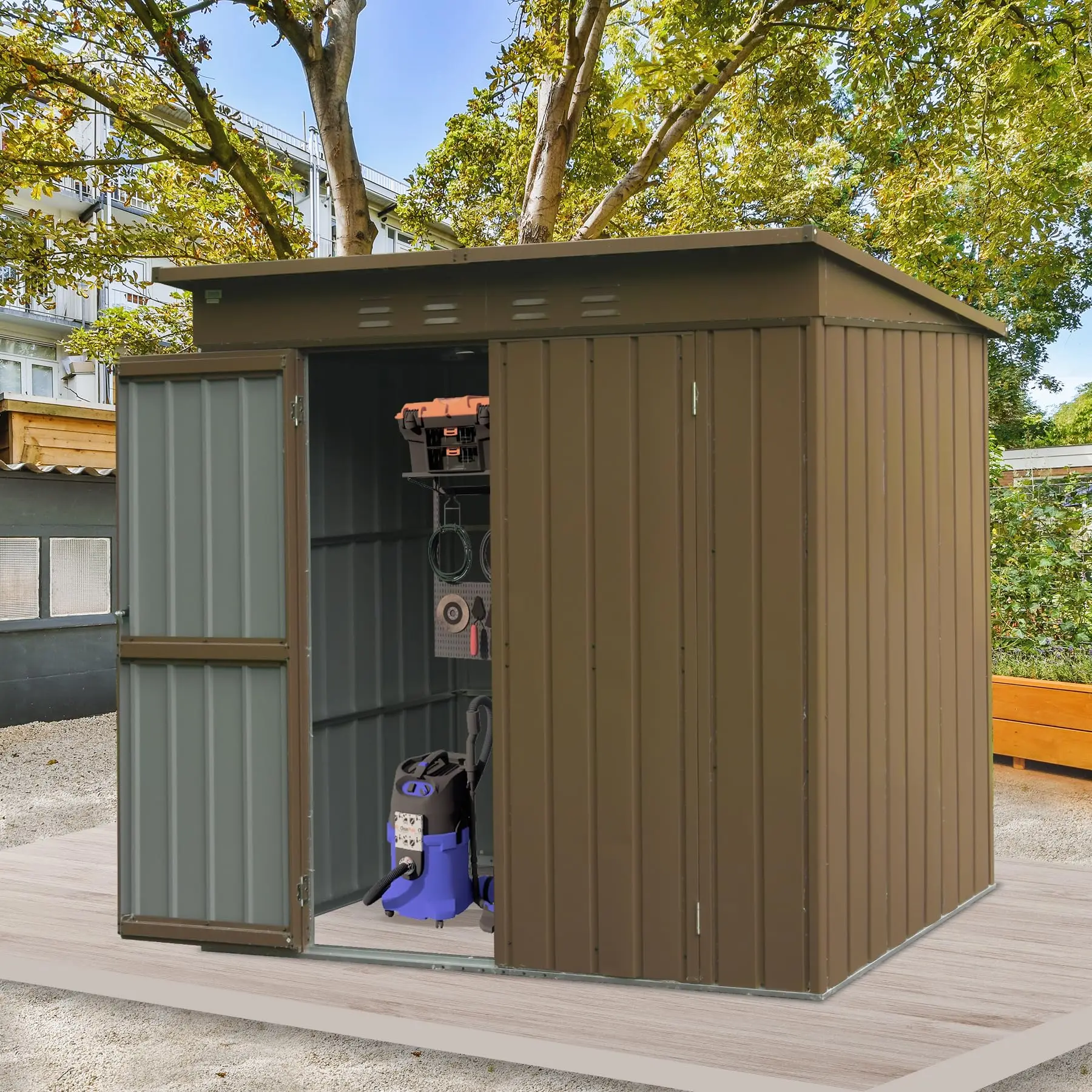 سقيفة أدوات معدنية خارجية مقاس 6 × 4 أقدام مع باب مزدوج قابل للقفل سقيفة دراجة كبيرة مقاومة للماء للحديقة والفناء الخلفي والحديقة