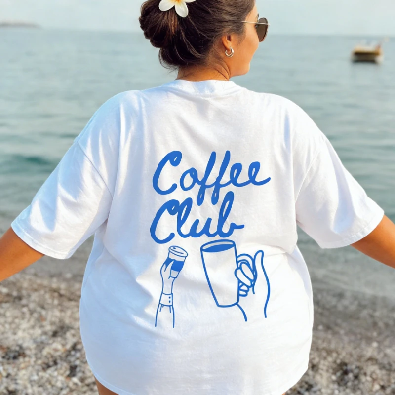 

Женская футболка больших размеров, винтажная футболка с рисунком Coffee Club, повседневный топ с круглым вырезом и короткими рукавами, универсальная хлопковая женская одежда
