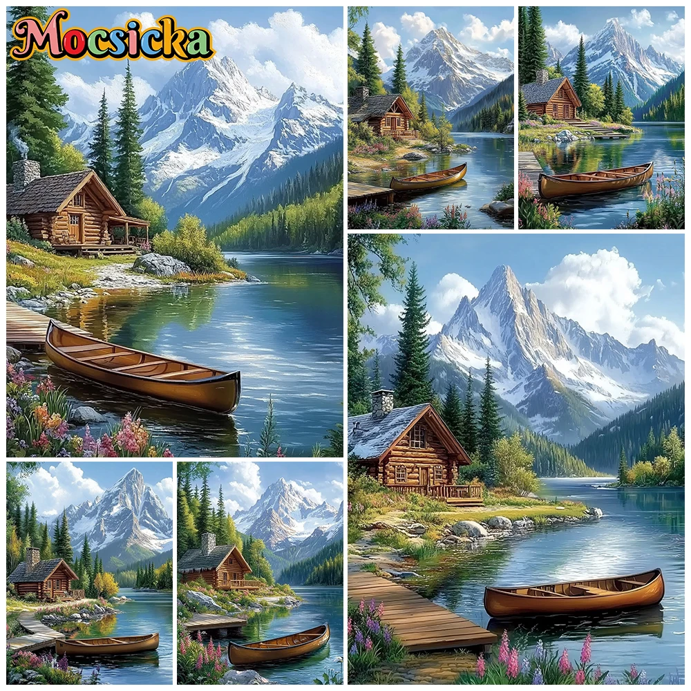 Mocsicka Mountain Lake Cabin Photography Backdrop Rustic Log Cabin Canoe Snowy Mountain Background Nature Photo Shoots Tapestry
