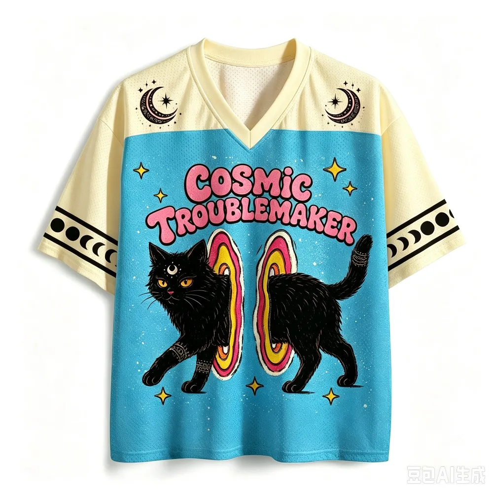 Kosmisches Schwarzes Katzen-Sternmuster 3D-Druck Herren Damen Schnelltrocknendes Sport-T-Shirt mit V-Ausschnitt in Übergröße Outdoor Freizeit Y2K Familien-Shirt – Detail 5