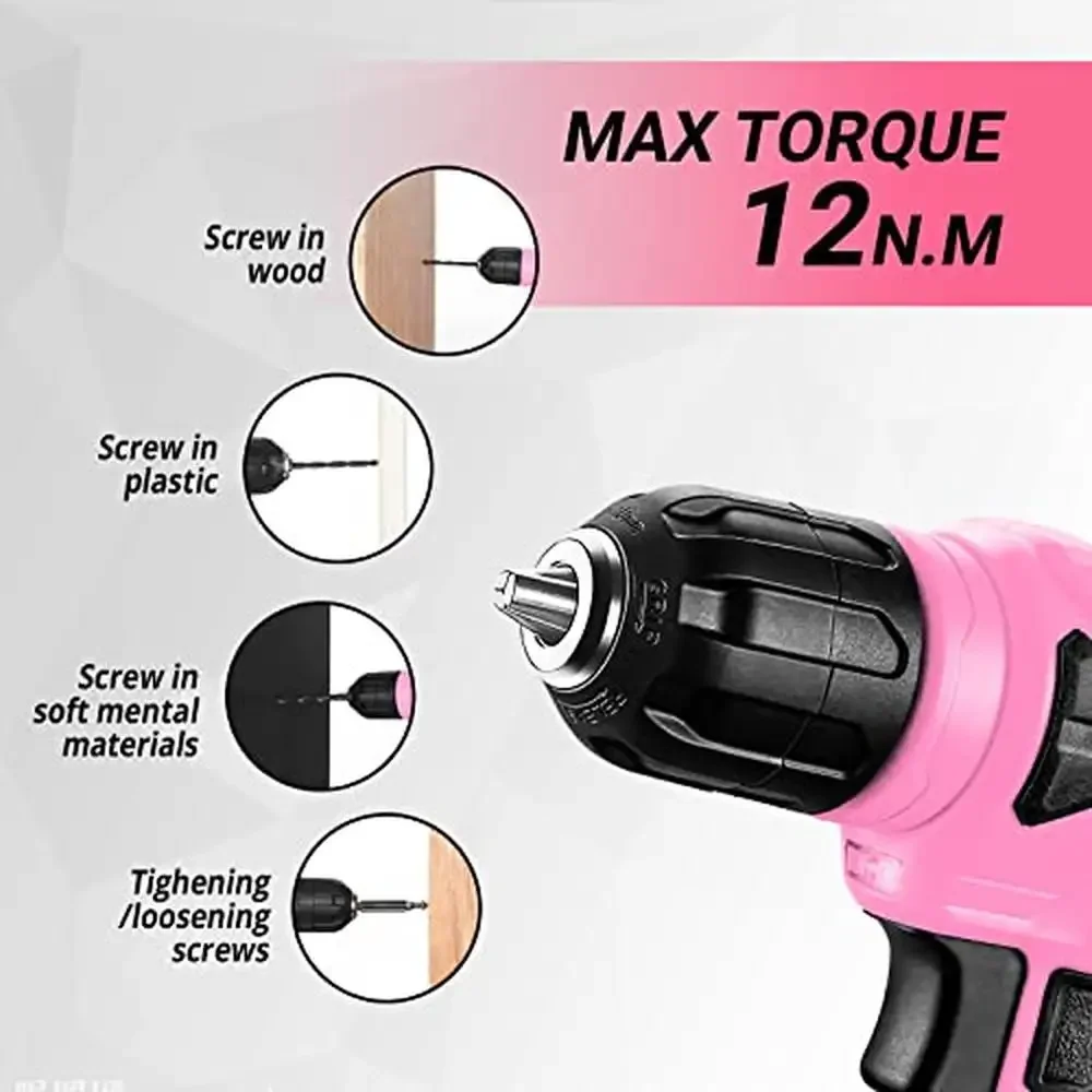 Imagem -05 - Conjunto de Ferramentas de Broca sem Fio Rosa para Mulheres 8v Kit de 126 Peças Bricolage com Luz Led Leve Compacto Liga Aço Cromo Casa Bricolage