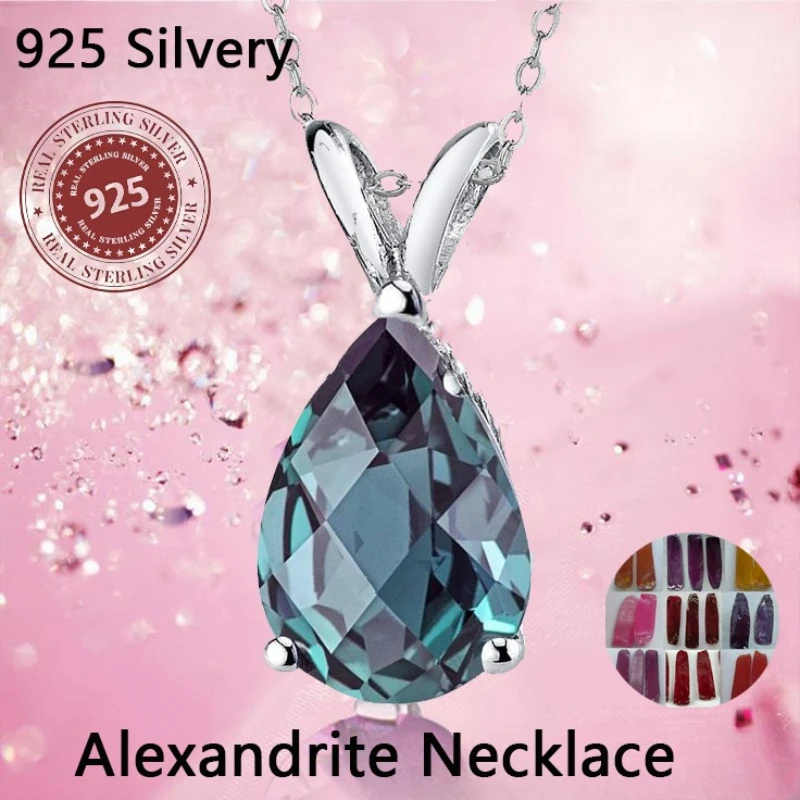 Luxury Alexandrite 1.5CT Teardrop Pendant Necklace 925 Sterling Silver 40+5CM Valentines Day Gift for Her Retro Birthday Present