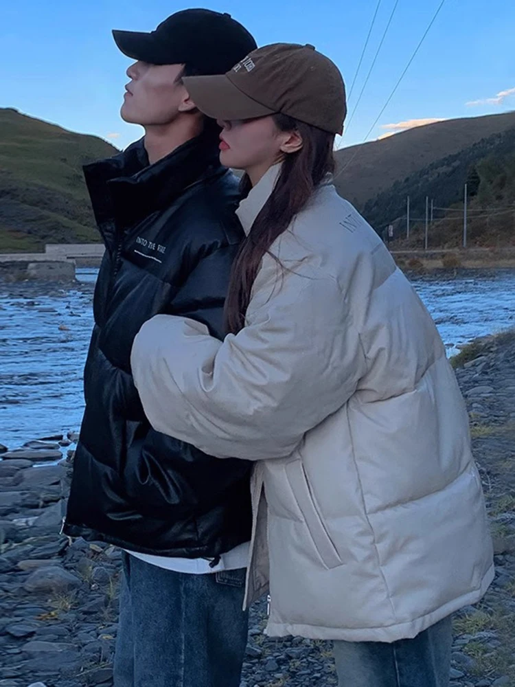 

Loose Fit down Cotton Jaet Thiened Padded Coat Bread Sle Winter Outerwear for Couples Korean Sle PU Leather Jaet