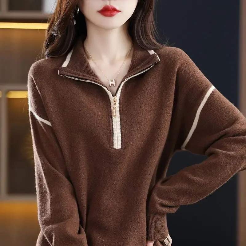 Spring Autumn Women's Clothing Streetwear Fashion Zipper Mock Neck Knitted Sweaters All-match Long Sleeve Loose Casual Pullovers