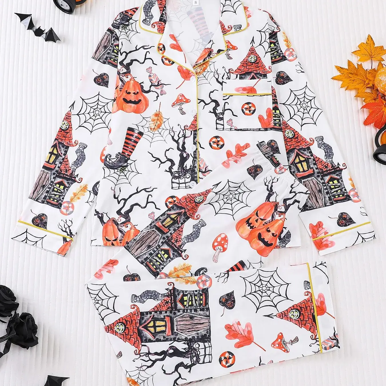 

Ins Style Spooky Women's Sleepwear Set 2 Piece Halloween Print Lapel Collar Long Sleeve Long Pants Casual Daily Home Wear