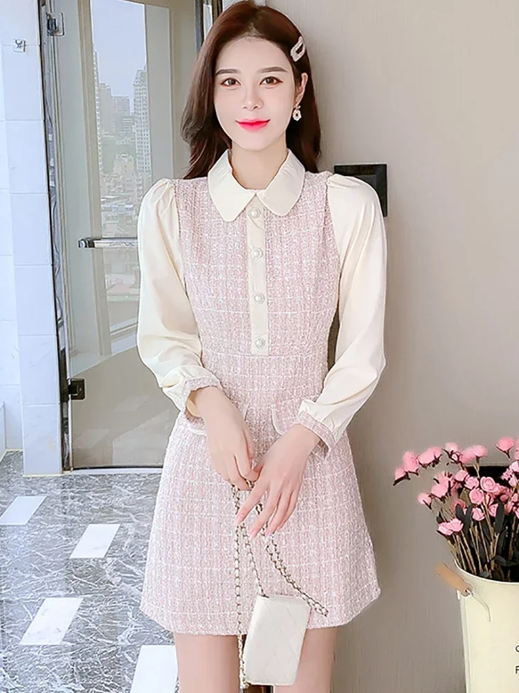 

Women Korean Bodycon Prom Dress 2025 Pink Patchwork White Long Sleeve Polo Collar Shirt Dress Autumn Winter Elegant Casual Dress