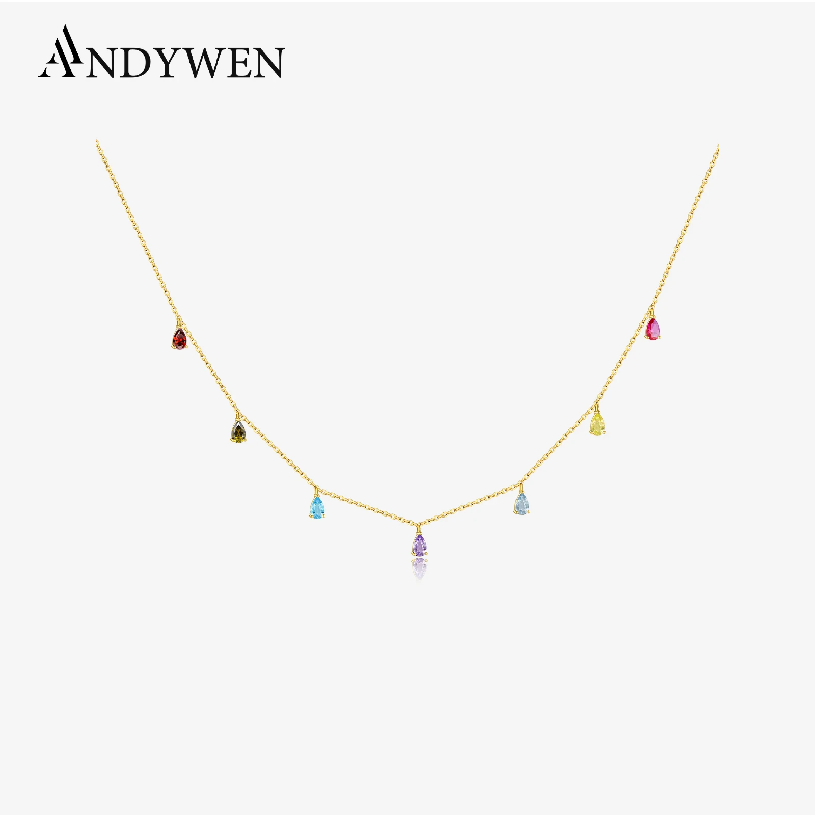 ANDYWEN 925 Sterling Silver Seven Zircon Charms Colorful Rainbow Choker Necklace Chains Women Rock Punk Party Jewelry For Party