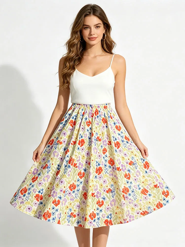 Women's Floral Print Midi Skirt High Waist A-Line Long Skirt for Spring Summer Beach Vacation & Daily