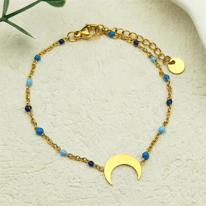 

Fresh Color Thin Link Chain Fashion Crescent Moon Stainless Steel Bracelets For Women Lucky Amulet Bangles Party Jewelry Gift