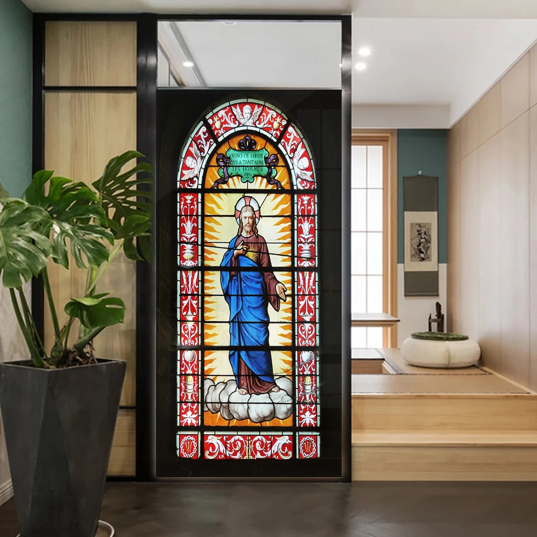 Church Stained Glass Decals Window Film Privacy Heat Insulation and Anti UV Blocking Static Cling Window Sticker for Home J31